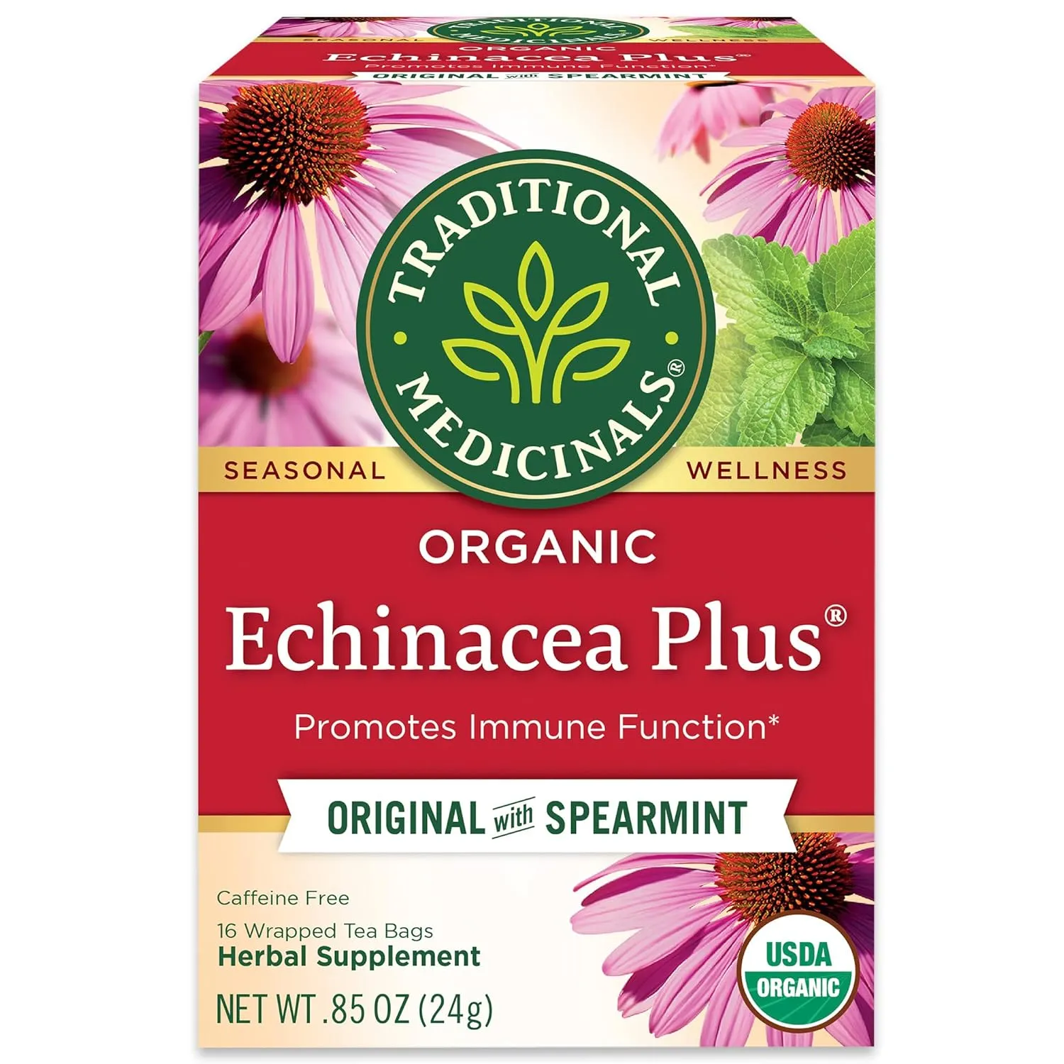 Traditional Medicinals Organic Echinacea Plus with Spearmint Herbal Tea, Promotes Immune Function, (Pack of 3) - 48 Tea Bags Total