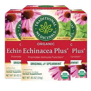 Traditional Medicinals Organic Echinacea Plus with Spearmint Herbal Tea, Promotes Immune Function, (Pack of 3) - 48 Tea Bags Total