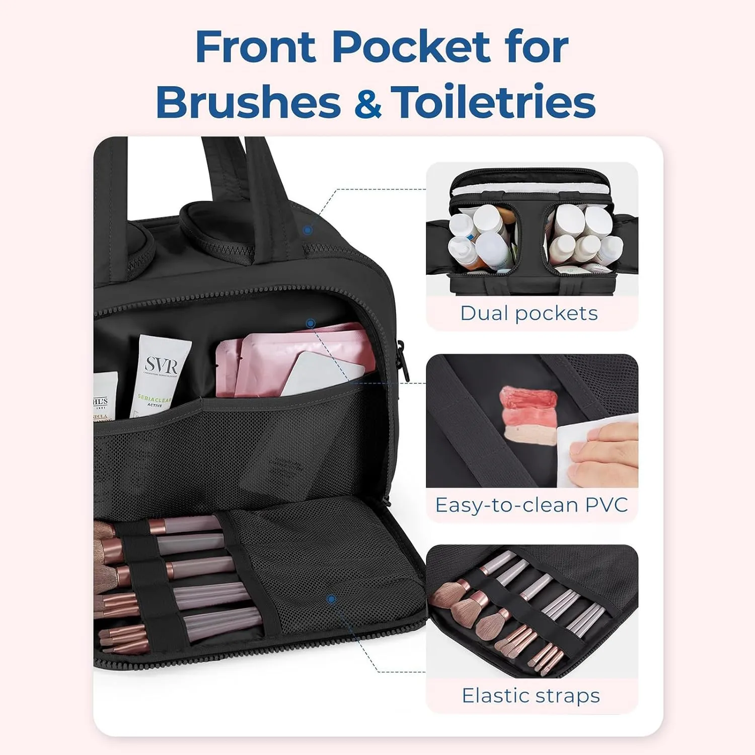 Travel Cosmetic Bag, Large Capacity Wide-Open Travel Cosmetic Bag, 0.6lb Lightweight Toiletry Bag, Wide-Opening Proof Organizer for Women, for Traveling, Shower & Toiletries (Beige)