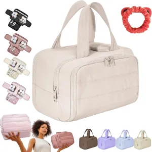 Travel Cosmetic Bag, Large Capacity Wide-Open Travel Cosmetic Bag, 0.6lb Lightweight Toiletry Bag, Wide-Opening Proof Organizer for Women, for Traveling, Shower & Toiletries (Beige)