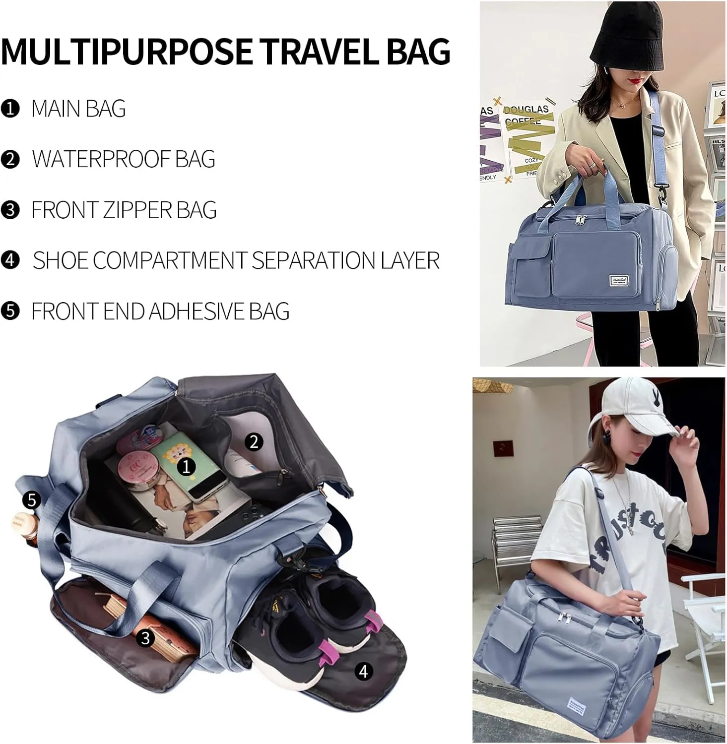 Travel Duffel Tote Bag with Dry Wet Separation Pocket, Weekender Bag for Women and Men，Waterproof Bag with Shoe Compartment Lightweight and Easy Carry on Blue
