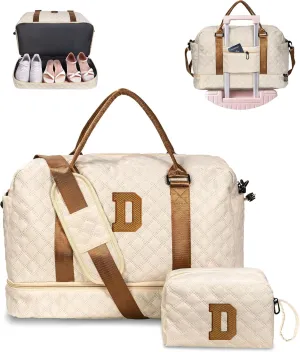 Travel Essential for Girls, Kids Duffle Bag with Shoe Compartment, Personalized Girl Weekender Bag, Monogram Overnight Bag for Women, Letter Travel Bag with Makeup Bag (Letter D)