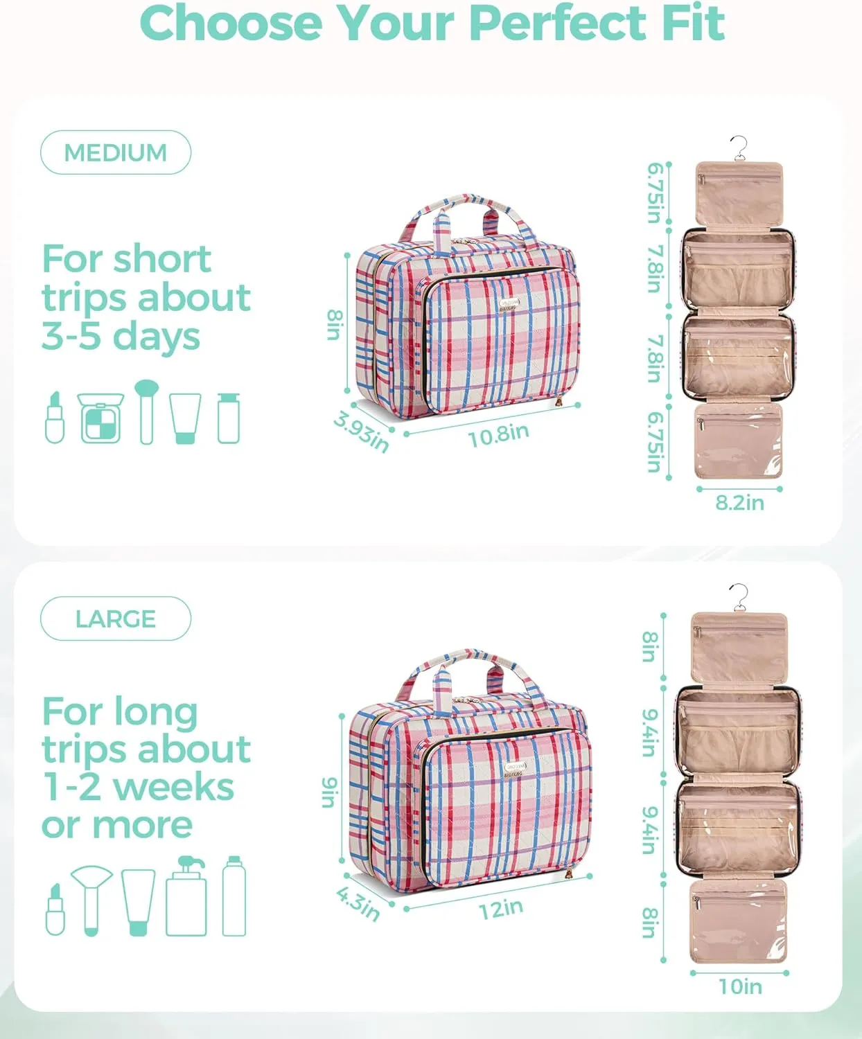 Travel Hanging Toiletry Bag for Women, Water-Resistant Cosmetic Organizer with 4 Compartments & 360° Swivel Hook, TSA-Approved Makeup Bag for Shampoo, Full Sized Container, Toiletries (Pink)