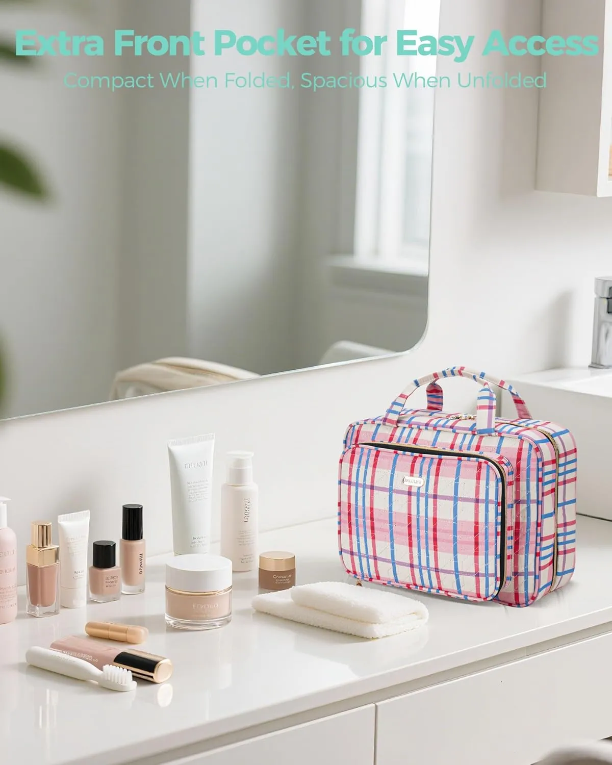 Travel Hanging Toiletry Bag for Women, Water-Resistant Cosmetic Organizer with 4 Compartments & 360° Swivel Hook, TSA-Approved Makeup Bag for Shampoo, Full Sized Container, Toiletries (Pink)