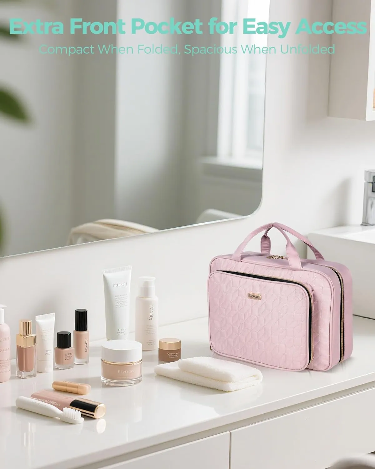 Travel Hanging Toiletry Bag for Women, Water-Resistant Cosmetic Organizer with 4 Compartments & 360° Swivel Hook, TSA-Approved Makeup Bag for Shampoo, Full Sized Container, Toiletries (Pink)
