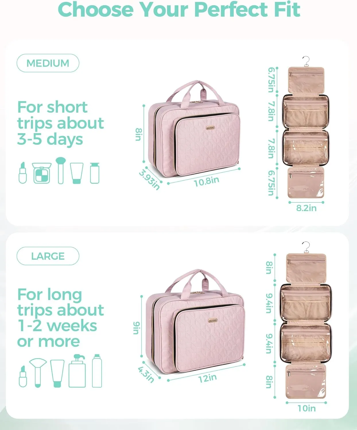 Travel Hanging Toiletry Bag for Women, Water-Resistant Cosmetic Organizer with 4 Compartments & 360° Swivel Hook, TSA-Approved Makeup Bag for Shampoo, Full Sized Container, Toiletries (Pink)