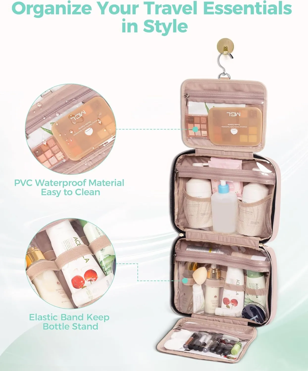 Travel Hanging Toiletry Bag for Women, Water-Resistant Cosmetic Organizer with 4 Compartments & 360° Swivel Hook, TSA-Approved Makeup Bag for Shampoo, Full Sized Container, Toiletries (Pink)