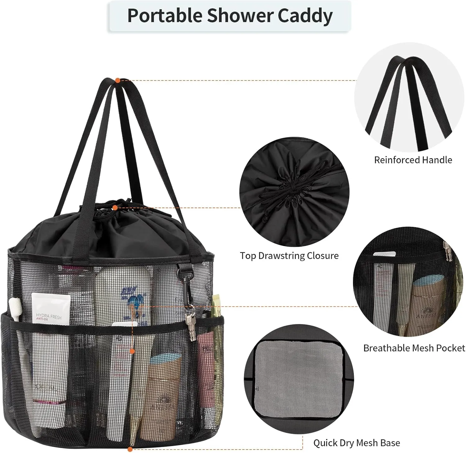 Travel Toiletry Bag, Large Capacity Toiletry Bag for Women Men, Mesh Shower Tote Bag, Quick Dry Shower Caddy Portable Toiletry Bath Bag Organizer for Bathroom, Gym, Beach, Swimming, Traveling, Mesh