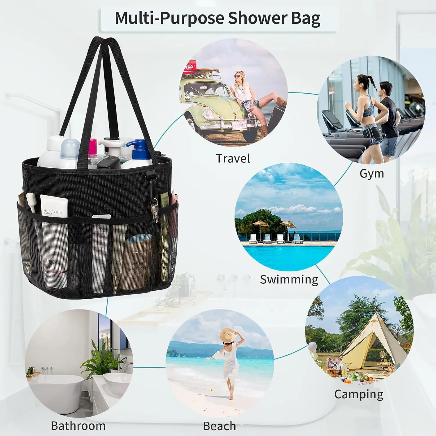 Travel Toiletry Bag, Large Capacity Toiletry Bag for Women Men, Mesh Shower Tote Bag, Quick Dry Shower Caddy Portable Toiletry Bath Bag Organizer for Bathroom, Gym, Beach, Swimming, Traveling, Mesh