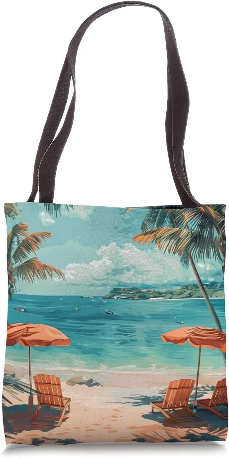 Tropical Beach Vibes with Palm Trees and Sun Loungers Design Tote Bag