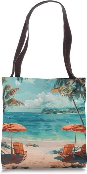 Tropical Beach Vibes with Palm Trees and Sun Loungers Design Tote Bag