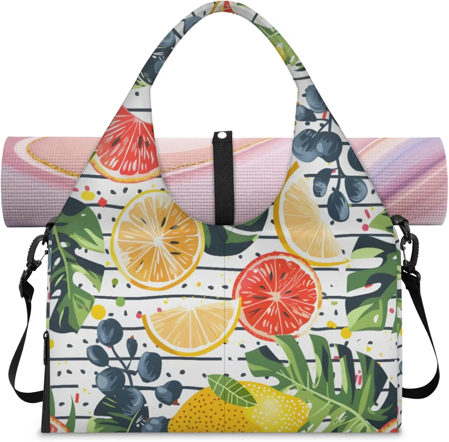 Tropical fruit palm leaves Women's Yoga Gym Bag - Adjustable shoulder strap with shoe compartment, large gym bag with multiple pockets for yoga mat, gym equipment and travel accessories
