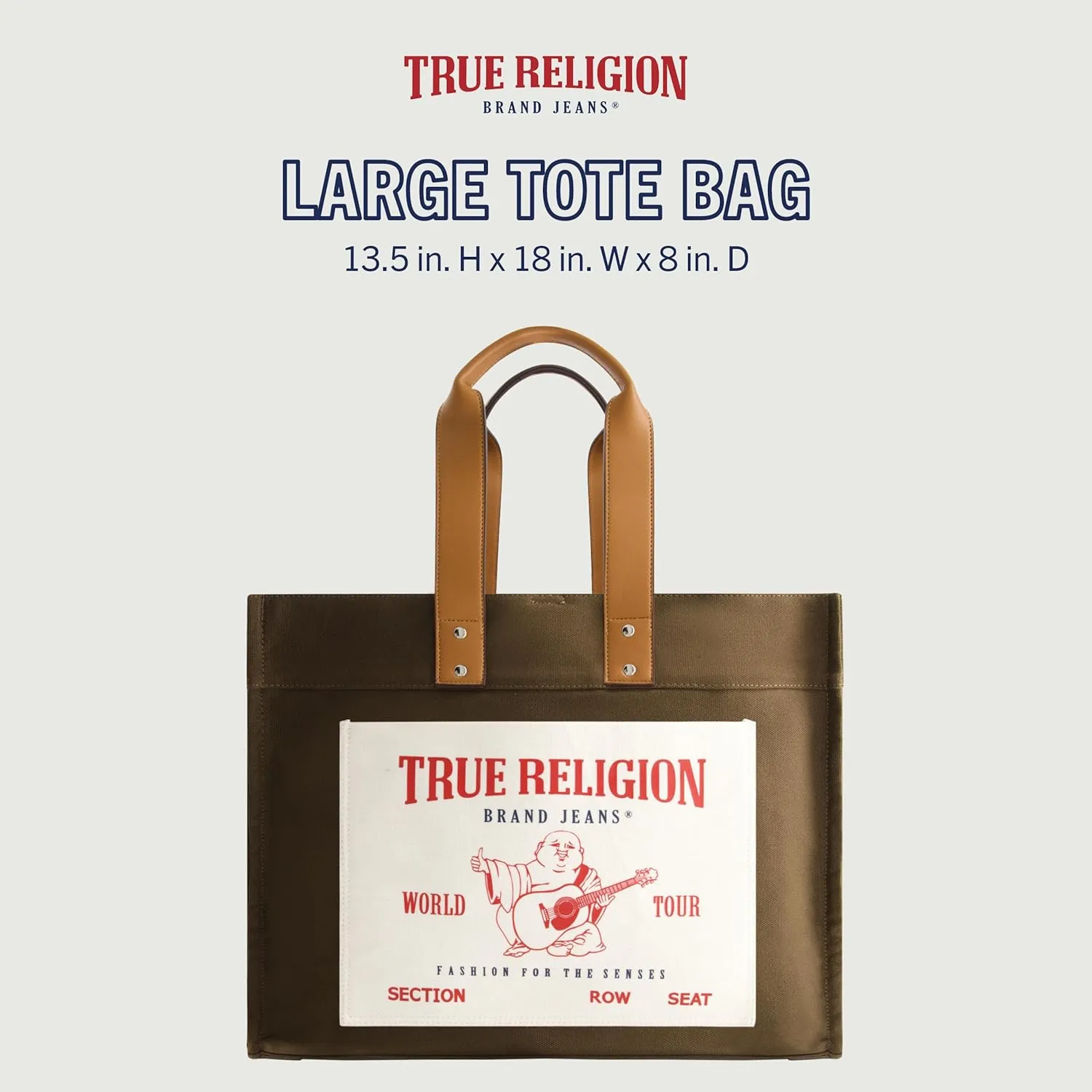 True Religion Large Tote Bag, Canvas Travel Carryall Shoulder Handbag