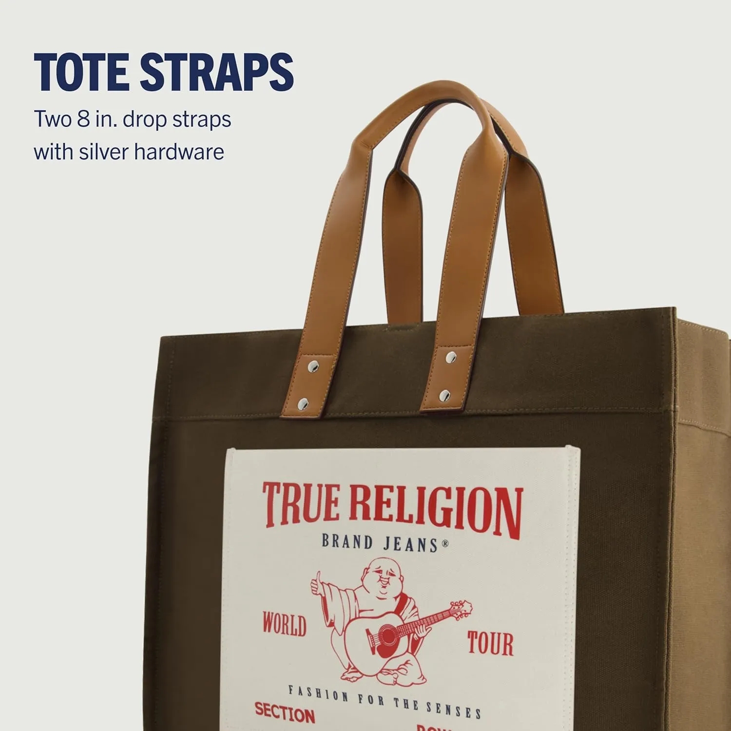True Religion Large Tote Bag, Canvas Travel Carryall Shoulder Handbag