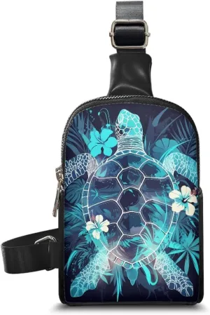 Turtle Flowers Sling Bag PU Leather Small Crossbody Daypack, Tropical Sea Turtle Print Zipper Fanny Pack Chest Daypack for Women, Blue
