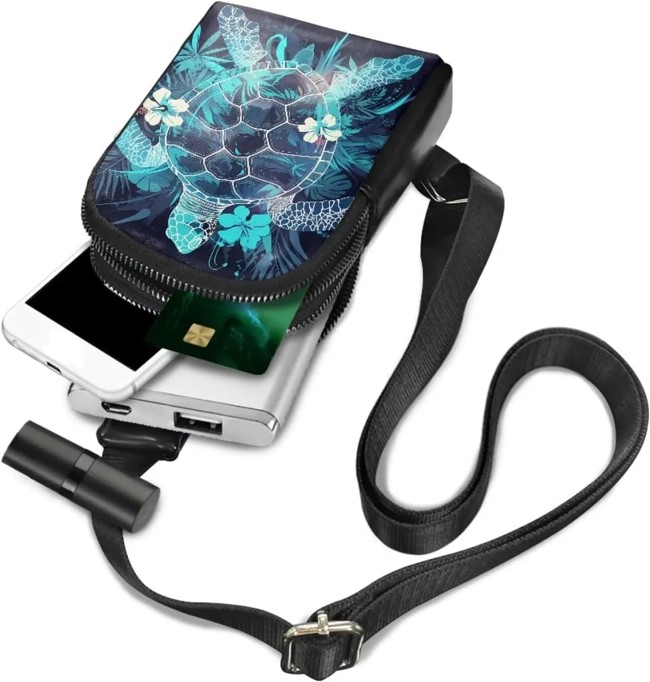 Turtle Flowers Sling Bag PU Leather Small Crossbody Daypack, Tropical Sea Turtle Print Zipper Fanny Pack Chest Daypack for Women, Blue