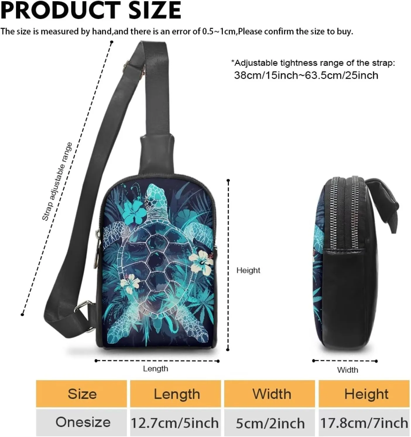 Turtle Flowers Sling Bag PU Leather Small Crossbody Daypack, Tropical Sea Turtle Print Zipper Fanny Pack Chest Daypack for Women, Blue