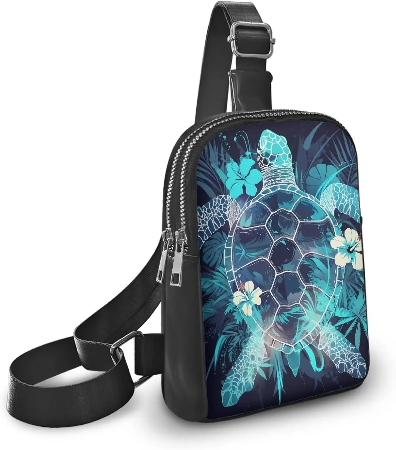 Turtle Flowers Sling Bag PU Leather Small Crossbody Daypack, Tropical Sea Turtle Print Zipper Fanny Pack Chest Daypack for Women, Blue