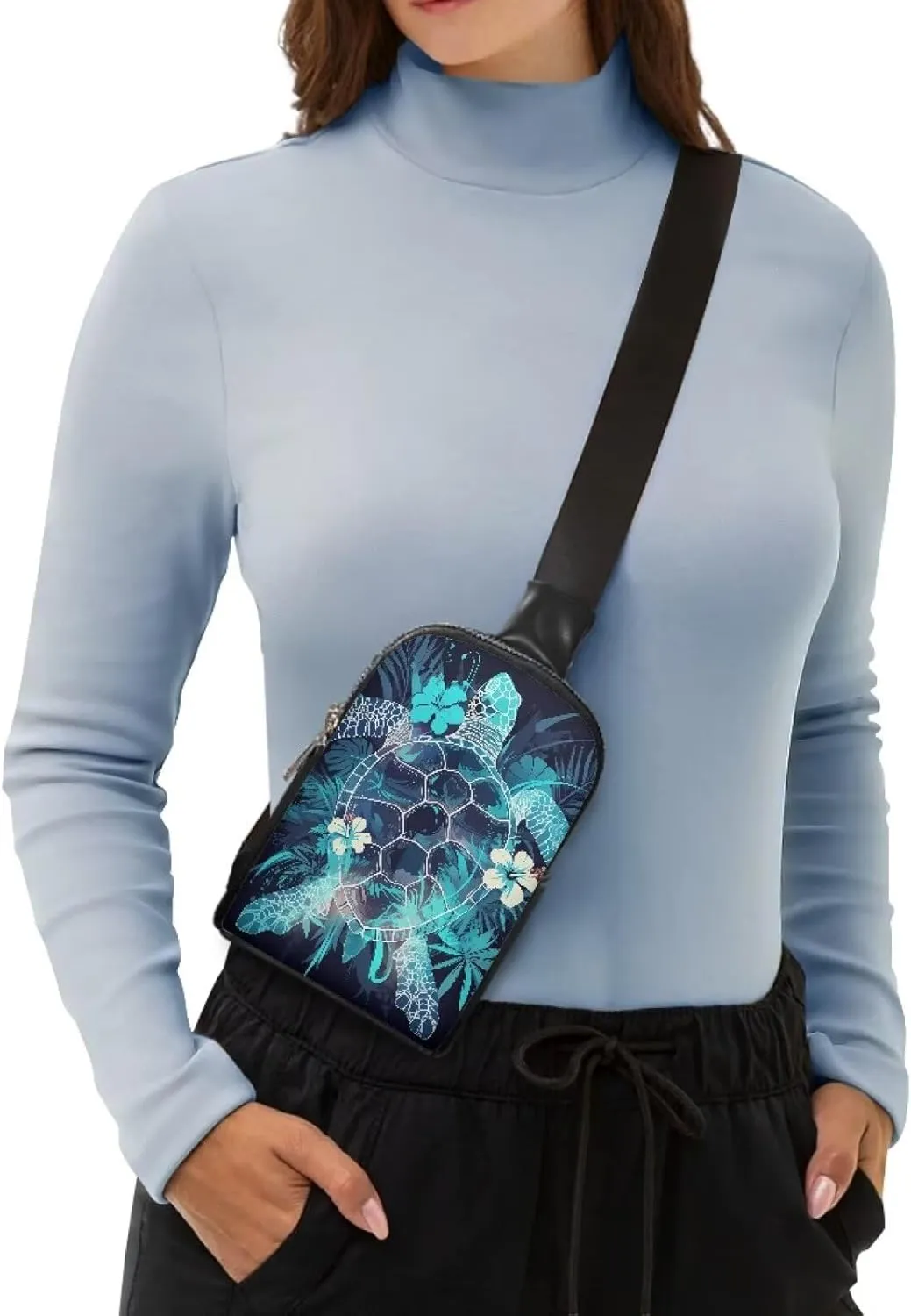 Turtle Flowers Sling Bag PU Leather Small Crossbody Daypack, Tropical Sea Turtle Print Zipper Fanny Pack Chest Daypack for Women, Blue
