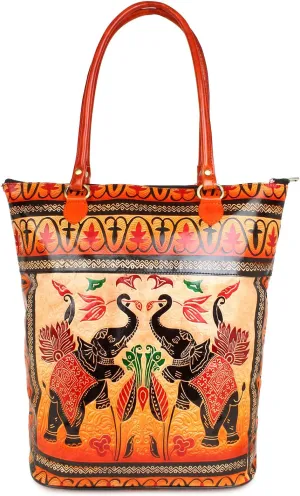 Twin Royal Elephants Design Ethnic Hand Embossed Shantiniketan Leather Indian Shopping Bag