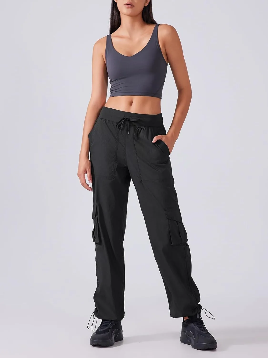 Ukaste Women's Petite Relaxed Fit Lightweight Stretch Cargo Pants - Comfort Hiking Travel Pant with Drawstring Multi Pockets