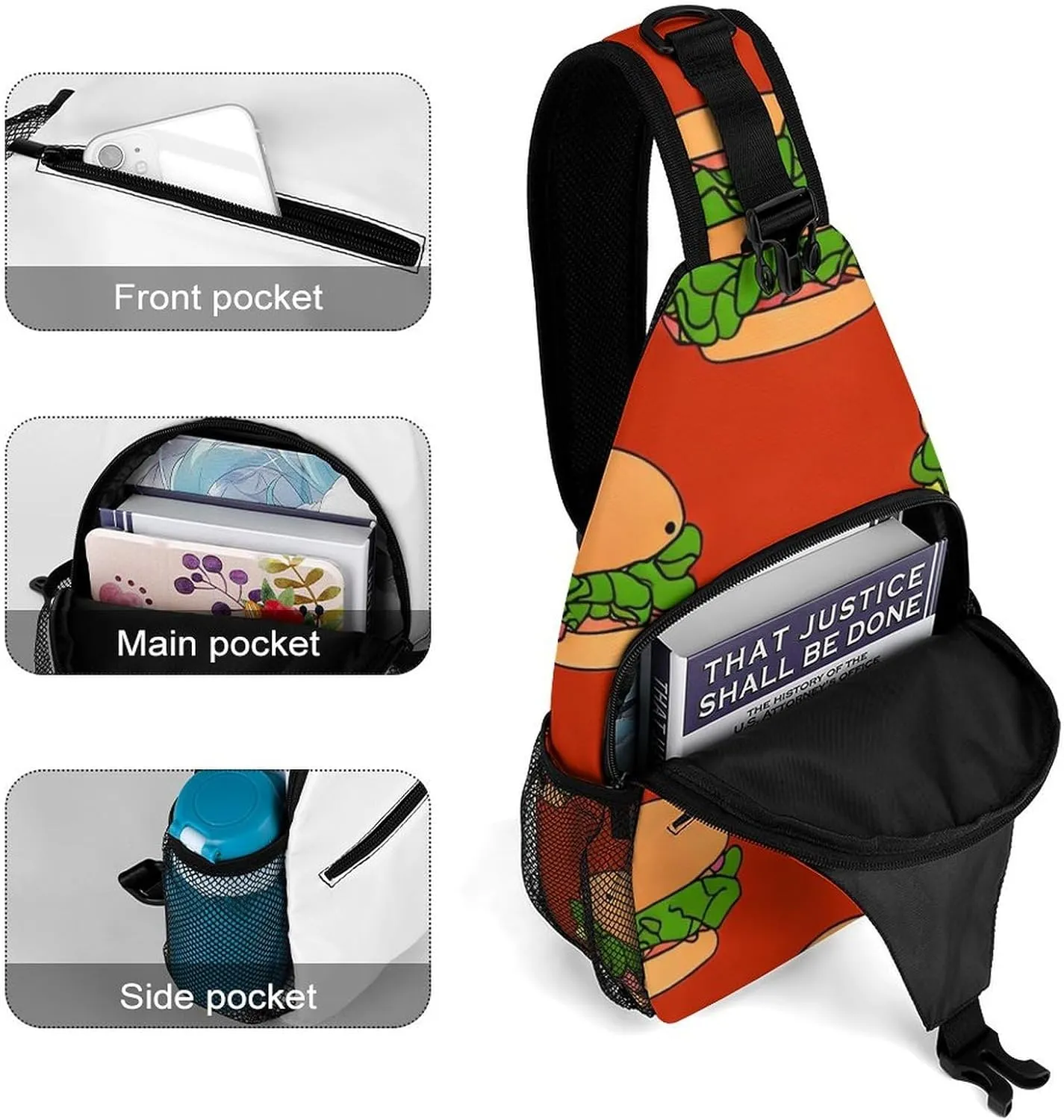 Ultra Lightweight Sling Bag Backpack Shoulder Crossbody Chest Pack Anti-Theft Multipurpose Bag for Outdoor Cycling Hiking Travel (Funny Hamburgers Red Art)