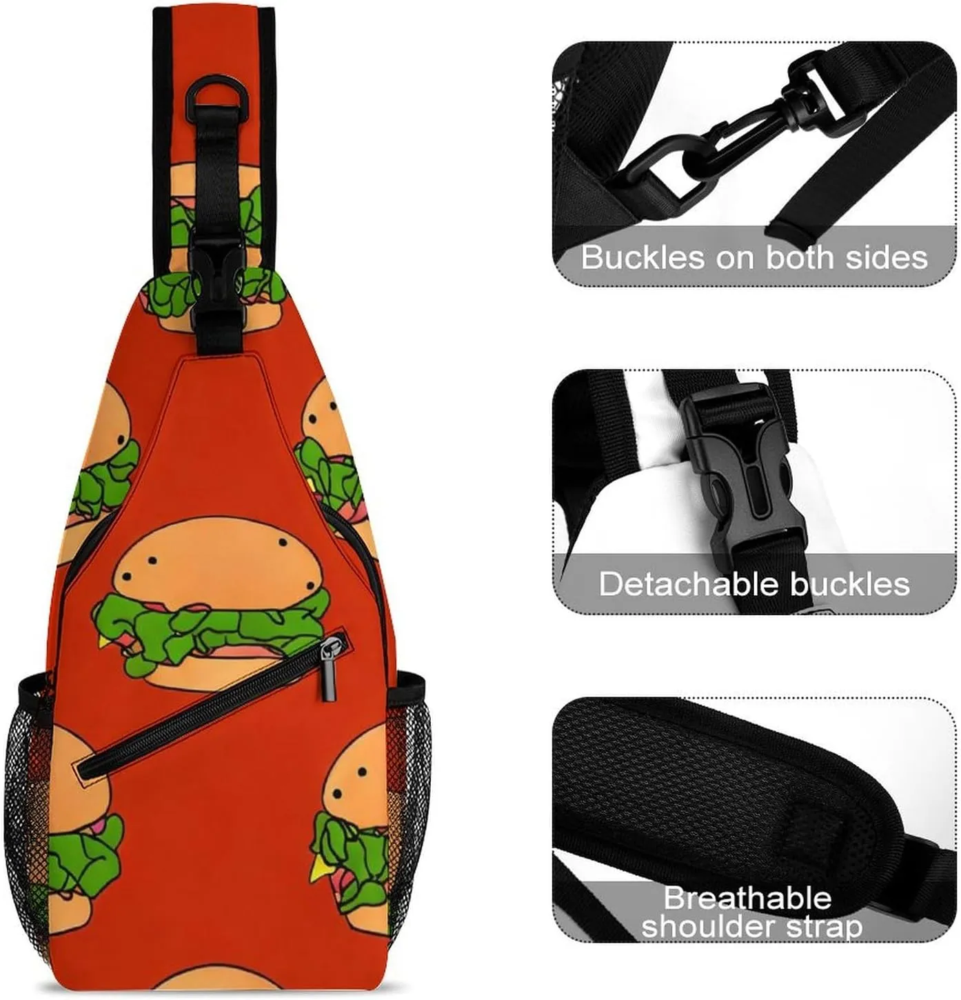 Ultra Lightweight Sling Bag Backpack Shoulder Crossbody Chest Pack Anti-Theft Multipurpose Bag for Outdoor Cycling Hiking Travel (Funny Hamburgers Red Art)