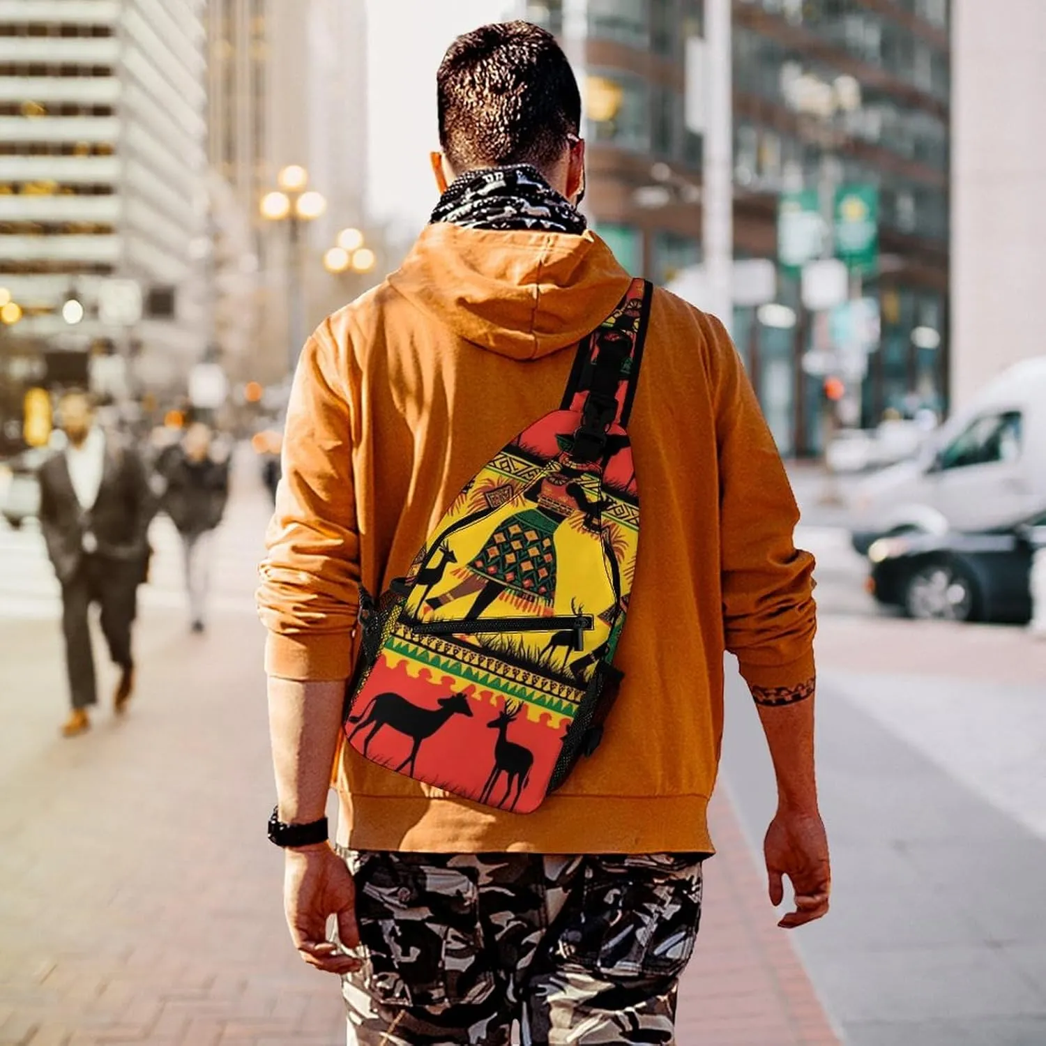 Ultra Lightweight Sling Shoulder Backpack Chest Pack Crossbody Bags Multipurpose Anti-Theft Bag for Work Picnic Hiking Camping Beach Trip, Ethnic Tribal African Black Women Deer Elephants Art
