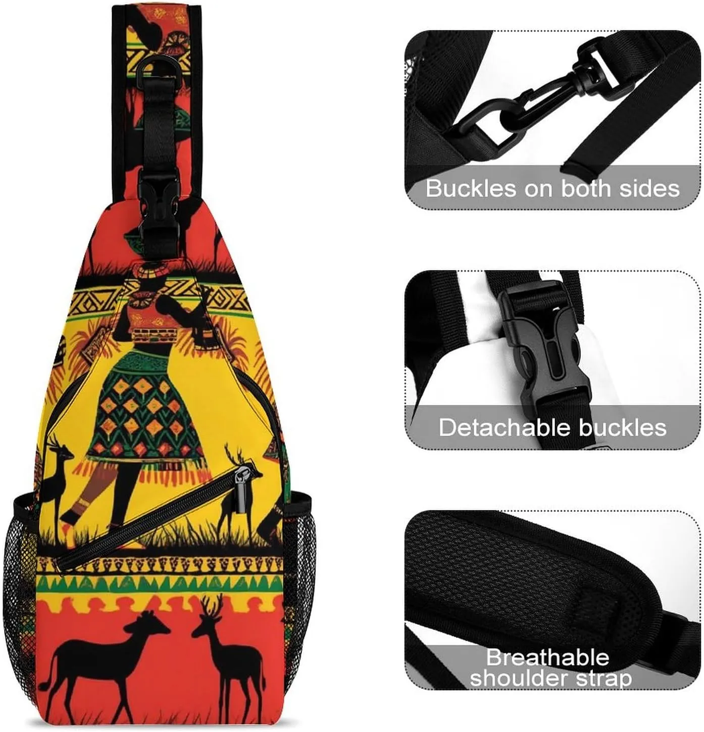 Ultra Lightweight Sling Shoulder Backpack Chest Pack Crossbody Bags Multipurpose Anti-Theft Bag for Work Picnic Hiking Camping Beach Trip, Ethnic Tribal African Black Women Deer Elephants Art