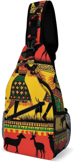 Ultra Lightweight Sling Shoulder Backpack Chest Pack Crossbody Bags Multipurpose Anti-Theft Bag for Work Picnic Hiking Camping Beach Trip, Ethnic Tribal African Black Women Deer Elephants Art