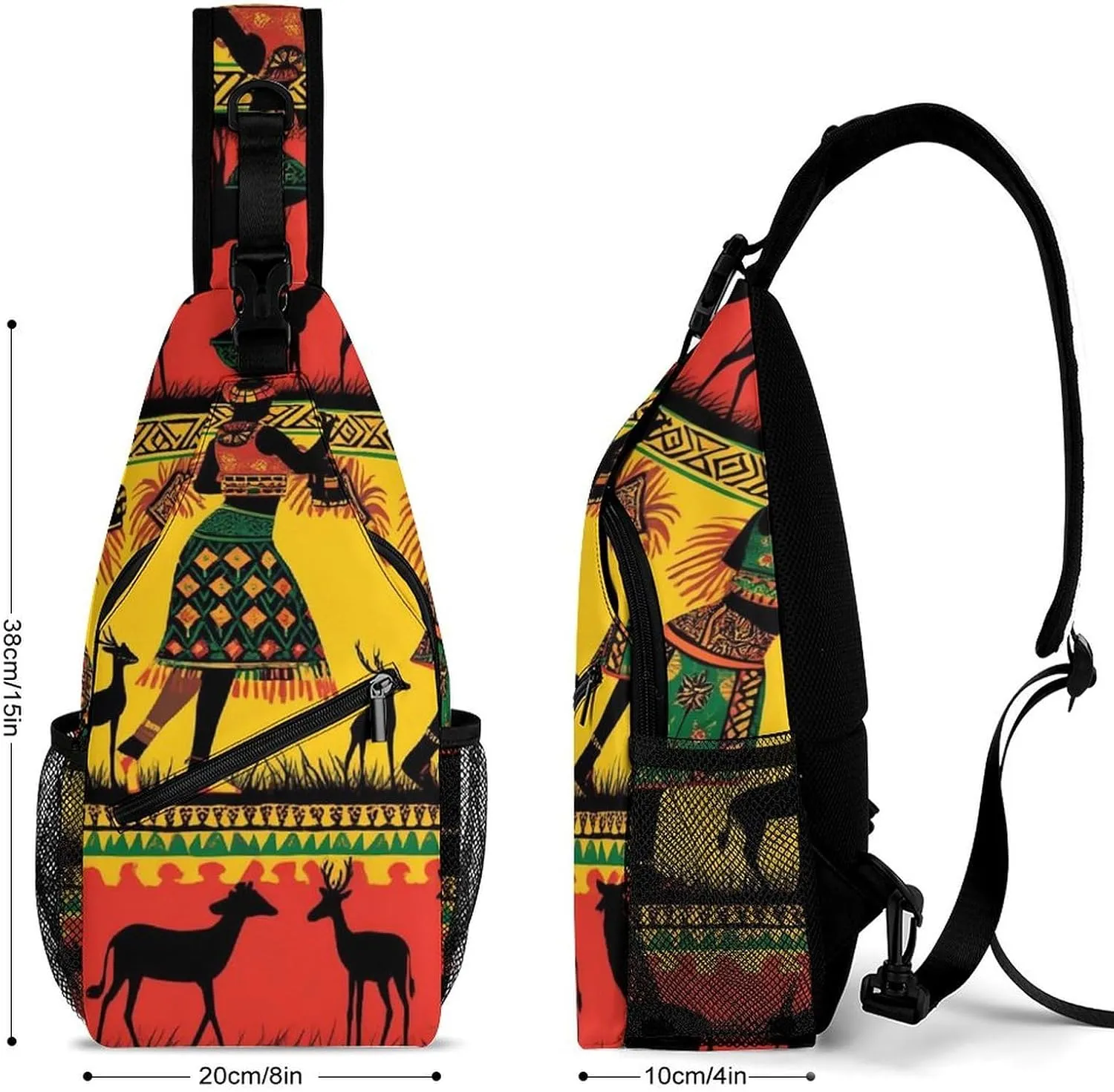 Ultra Lightweight Sling Shoulder Backpack Chest Pack Crossbody Bags Multipurpose Anti-Theft Bag for Work Picnic Hiking Camping Beach Trip, Ethnic Tribal African Black Women Deer Elephants Art