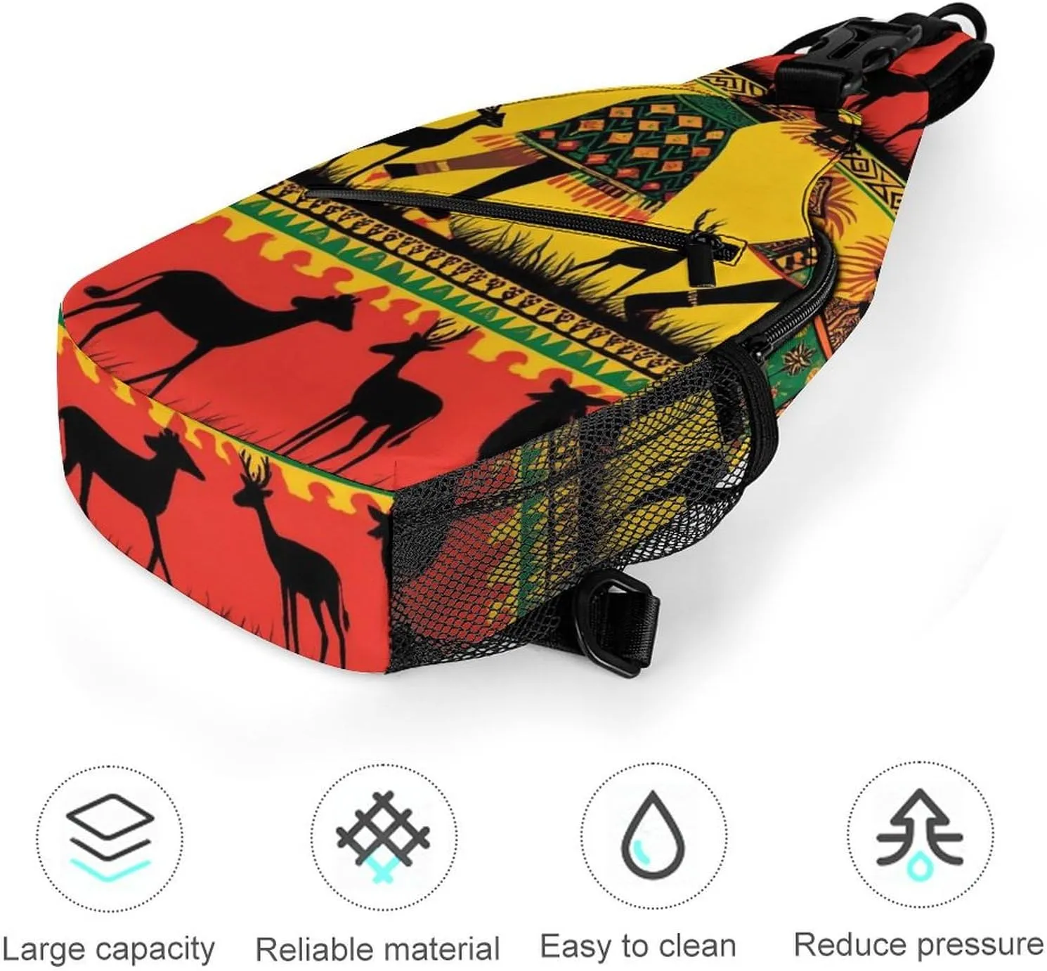 Ultra Lightweight Sling Shoulder Backpack Chest Pack Crossbody Bags Multipurpose Anti-Theft Bag for Work Picnic Hiking Camping Beach Trip, Ethnic Tribal African Black Women Deer Elephants Art