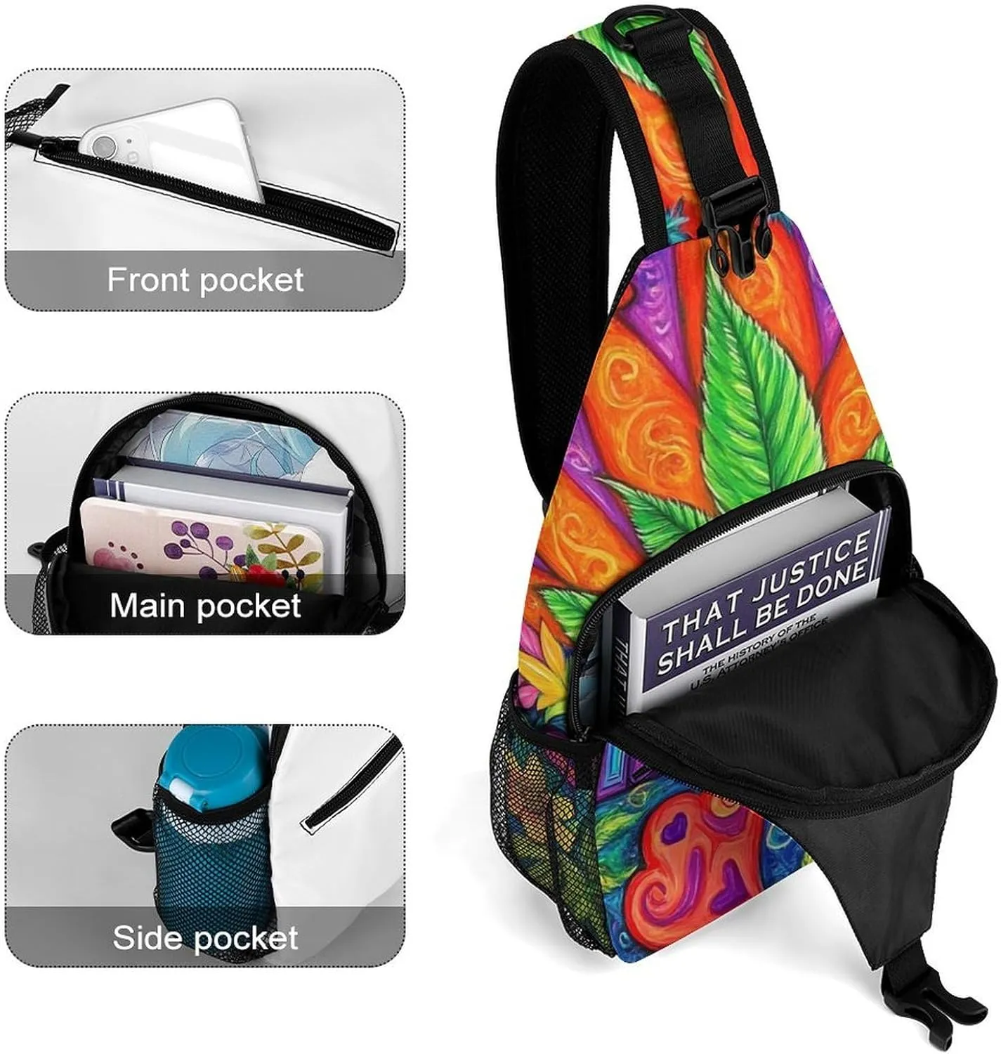 Ultra Lightweight Sling Shoulder Backpack Shoulder Chest Crossbody Bag Multipurpose Anti-Theft Daypack for Hiking Cycling Camping Travel, Peace And Love Colorful Flower Marijuanaweed Leaf Bookbag