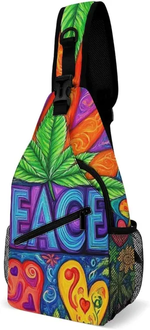 Ultra Lightweight Sling Shoulder Backpack Shoulder Chest Crossbody Bag Multipurpose Anti-Theft Daypack for Hiking Cycling Camping Travel, Peace And Love Colorful Flower Marijuanaweed Leaf Bookbag
