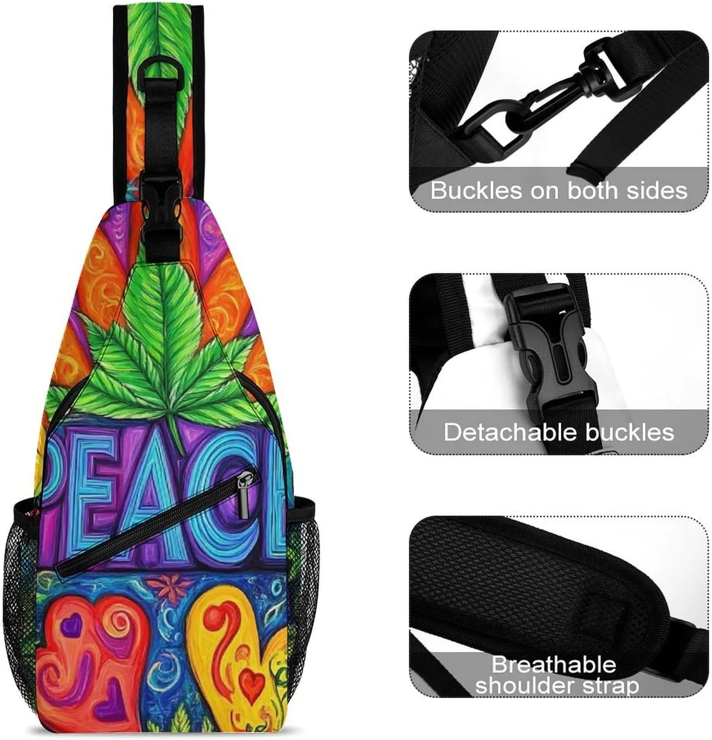 Ultra Lightweight Sling Shoulder Backpack Shoulder Chest Crossbody Bag Multipurpose Anti-Theft Daypack for Hiking Cycling Camping Travel, Peace And Love Colorful Flower Marijuanaweed Leaf Bookbag