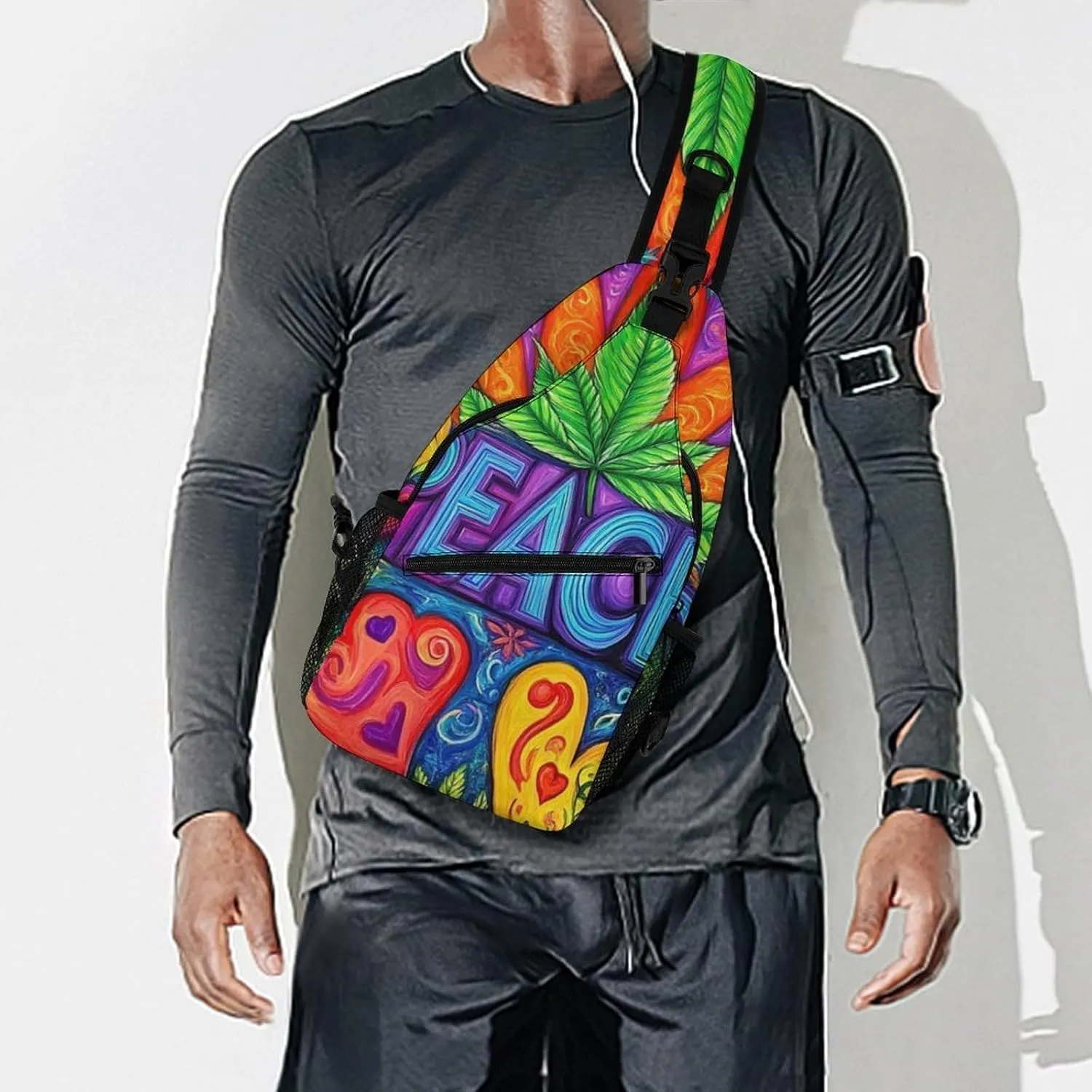 Ultra Lightweight Sling Shoulder Backpack Shoulder Chest Crossbody Bag Multipurpose Anti-Theft Daypack for Hiking Cycling Camping Travel, Peace And Love Colorful Flower Marijuanaweed Leaf Bookbag