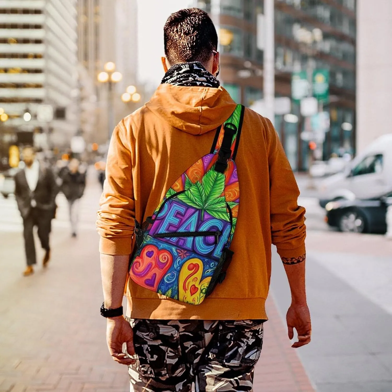 Ultra Lightweight Sling Shoulder Backpack Shoulder Chest Crossbody Bag Multipurpose Anti-Theft Daypack for Hiking Cycling Camping Travel, Peace And Love Colorful Flower Marijuanaweed Leaf Bookbag