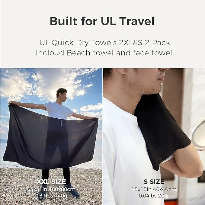 Ultralight Quick Dry Towel, Extra Large&Small 2 Pack Microfiber Towels with Compact Packable Pocket for Lightweight Backpacking Travel Beach Gym Camping & Swimming Sports(Grey 2 Set)