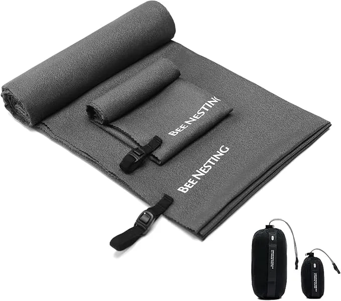 Ultralight Quick Dry Towel, Extra Large&Small 2 Pack Microfiber Towels with Compact Packable Pocket for Lightweight Backpacking Travel Beach Gym Camping & Swimming Sports(Grey 2 Set)