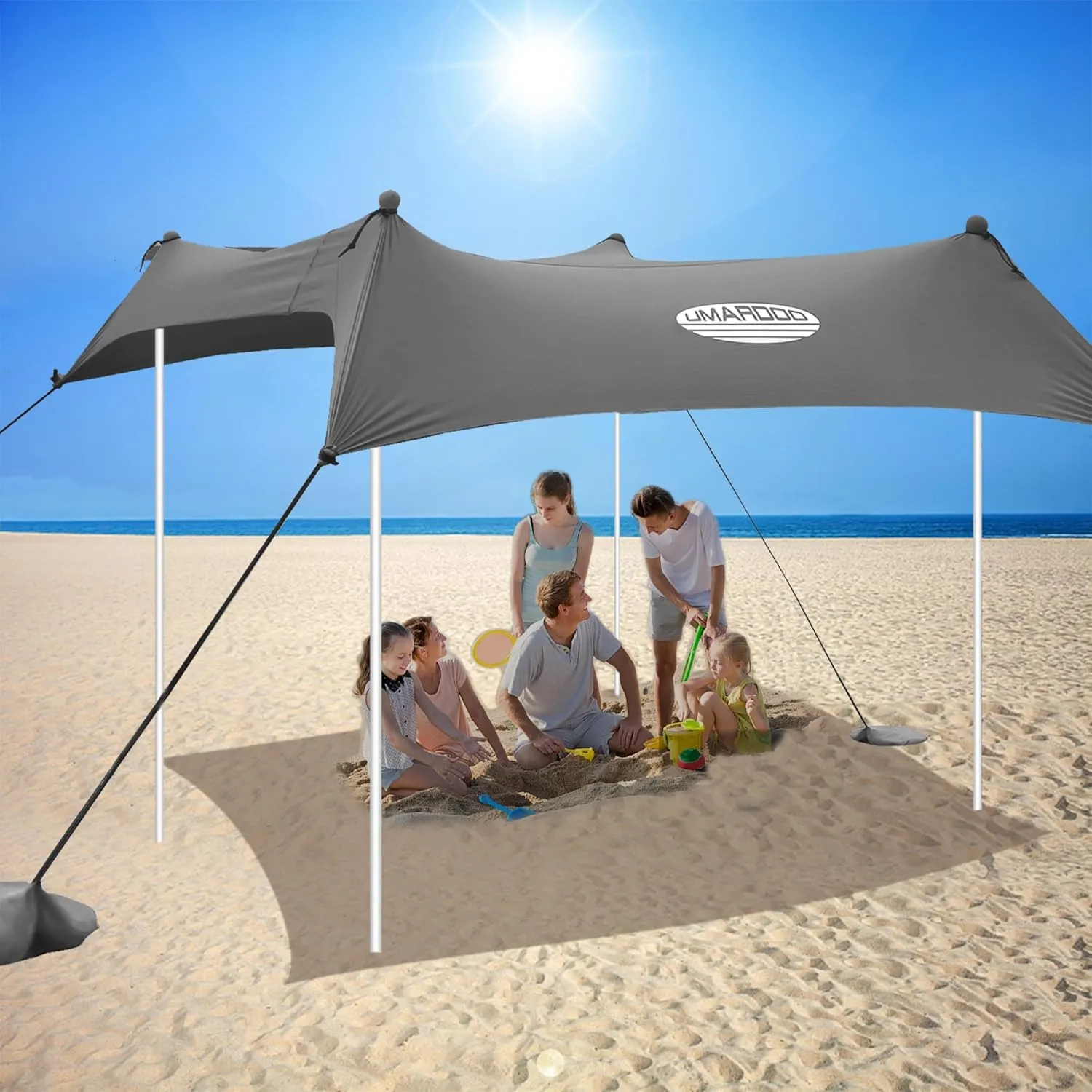 UMARDOO Family Beach Tent Canopy Sun Shade Portable 7×7FT, Large Wind Resistance Beach Sun Shelter Easy Setup with Packable Carry Bag for Outdoor Travel UPF 50 (Gray)