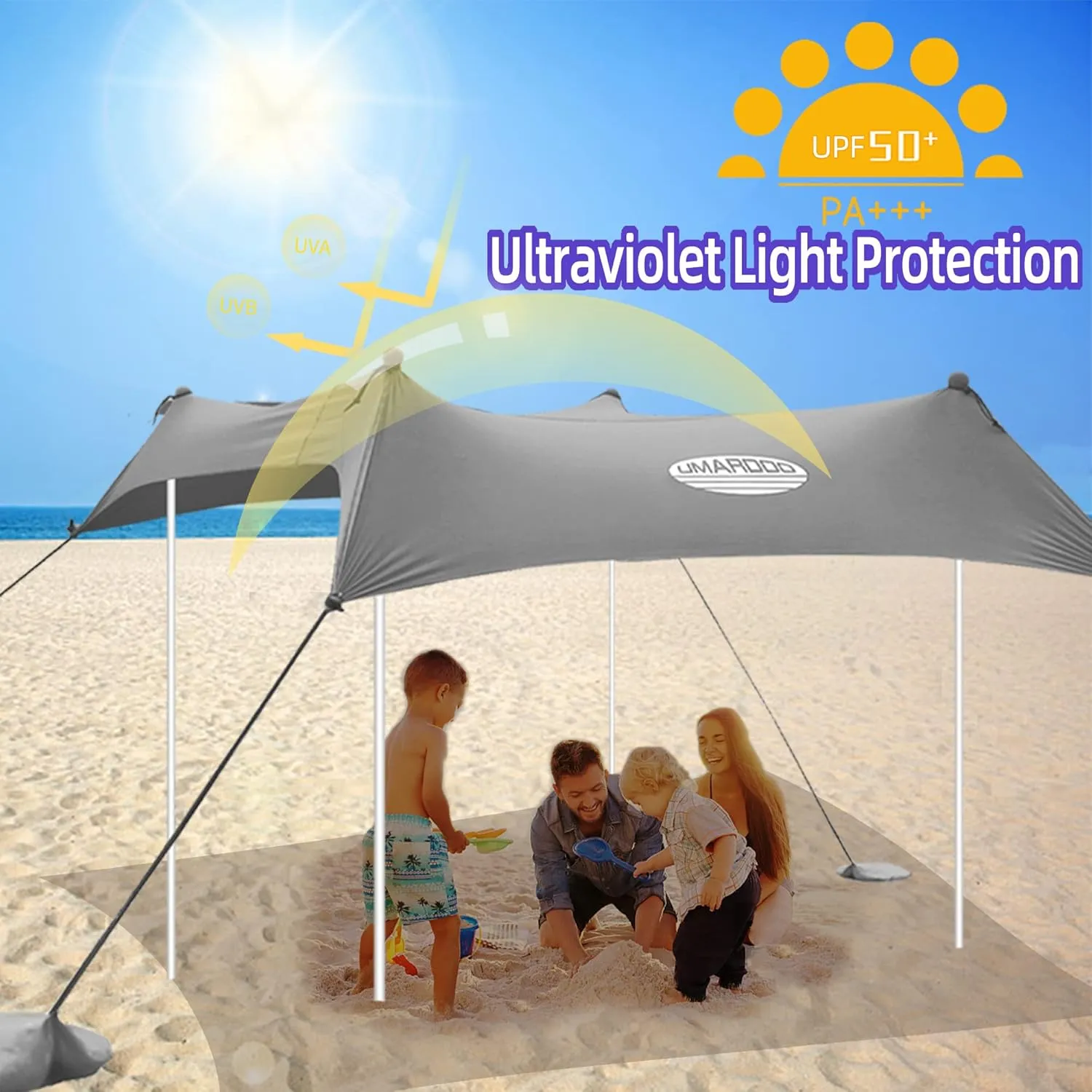 UMARDOO Family Beach Tent Canopy Sun Shade Portable 7×7FT, Large Wind Resistance Beach Sun Shelter Easy Setup with Packable Carry Bag for Outdoor Travel UPF 50 (Gray)