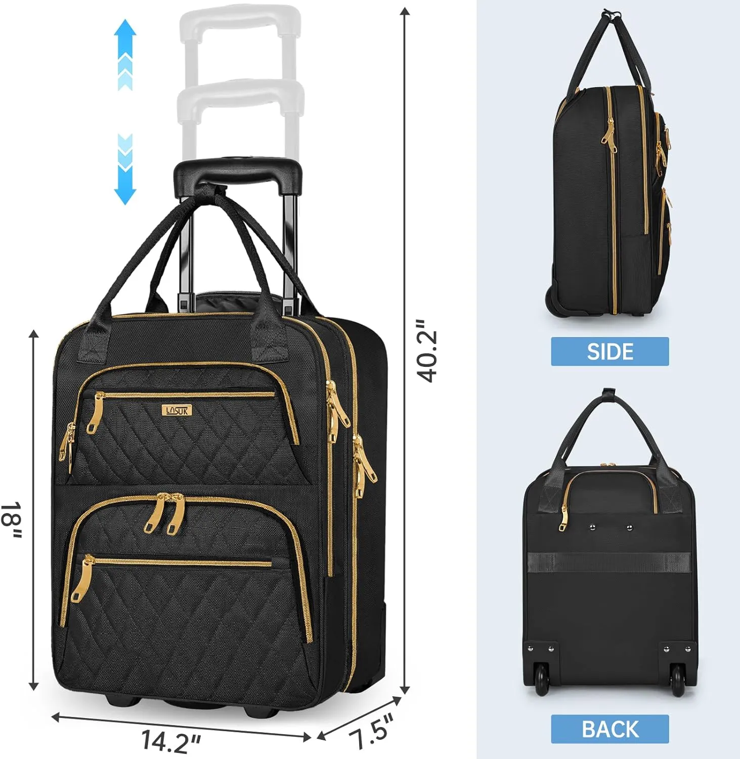 Underseat Carry On Luggage with Wheels, 18inch Lightweight Overnight Luggage Bag Carry-On Suitcase for Men Women Travel Business, Black