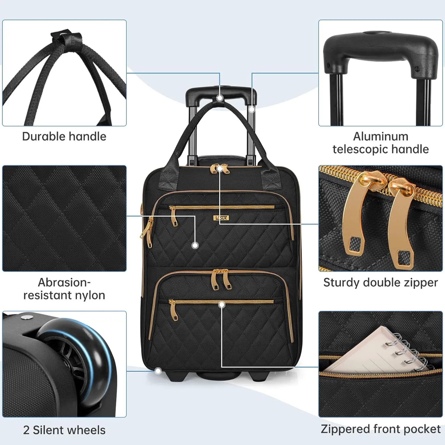 Underseat Carry On Luggage with Wheels, 18inch Lightweight Overnight Luggage Bag Carry-On Suitcase for Men Women Travel Business, Black