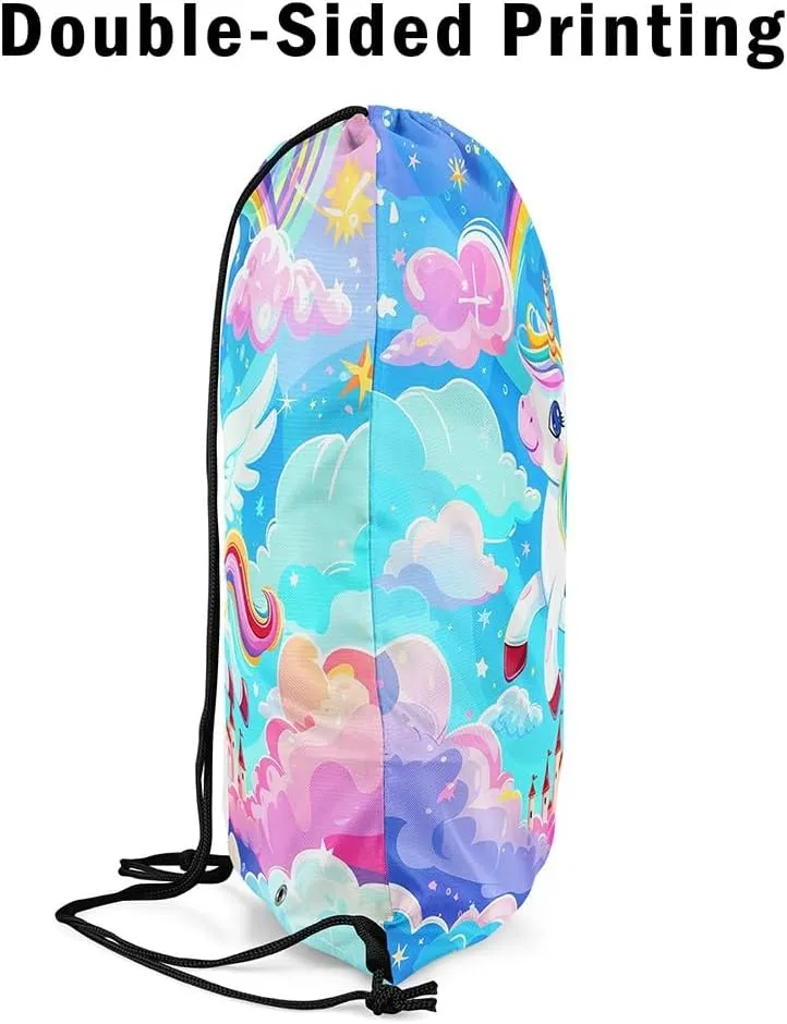 Unicorn Drawstring Backpack,Princess Castle Fantasy Animal Wings Starry Drawstring Bag,Dreamy Blue Pink Clouds Rainbow Glitter Draw String Bag Gym Packs Large Capacity,Lightweight