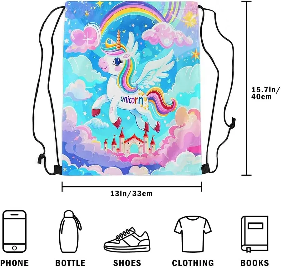 Unicorn Drawstring Backpack,Princess Castle Fantasy Animal Wings Starry Drawstring Bag,Dreamy Blue Pink Clouds Rainbow Glitter Draw String Bag Gym Packs Large Capacity,Lightweight