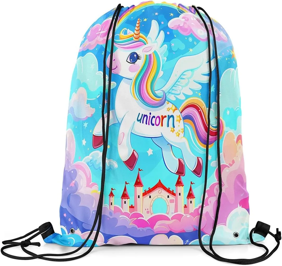 Unicorn Drawstring Backpack,Princess Castle Fantasy Animal Wings Starry Drawstring Bag,Dreamy Blue Pink Clouds Rainbow Glitter Draw String Bag Gym Packs Large Capacity,Lightweight