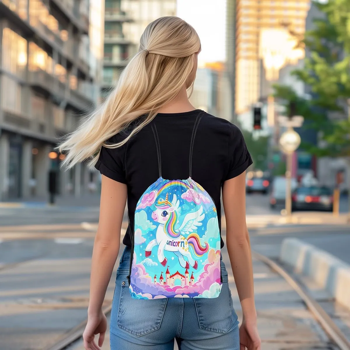 Unicorn Drawstring Backpack,Princess Castle Fantasy Animal Wings Starry Drawstring Bag,Dreamy Blue Pink Clouds Rainbow Glitter Draw String Bag Gym Packs Large Capacity,Lightweight