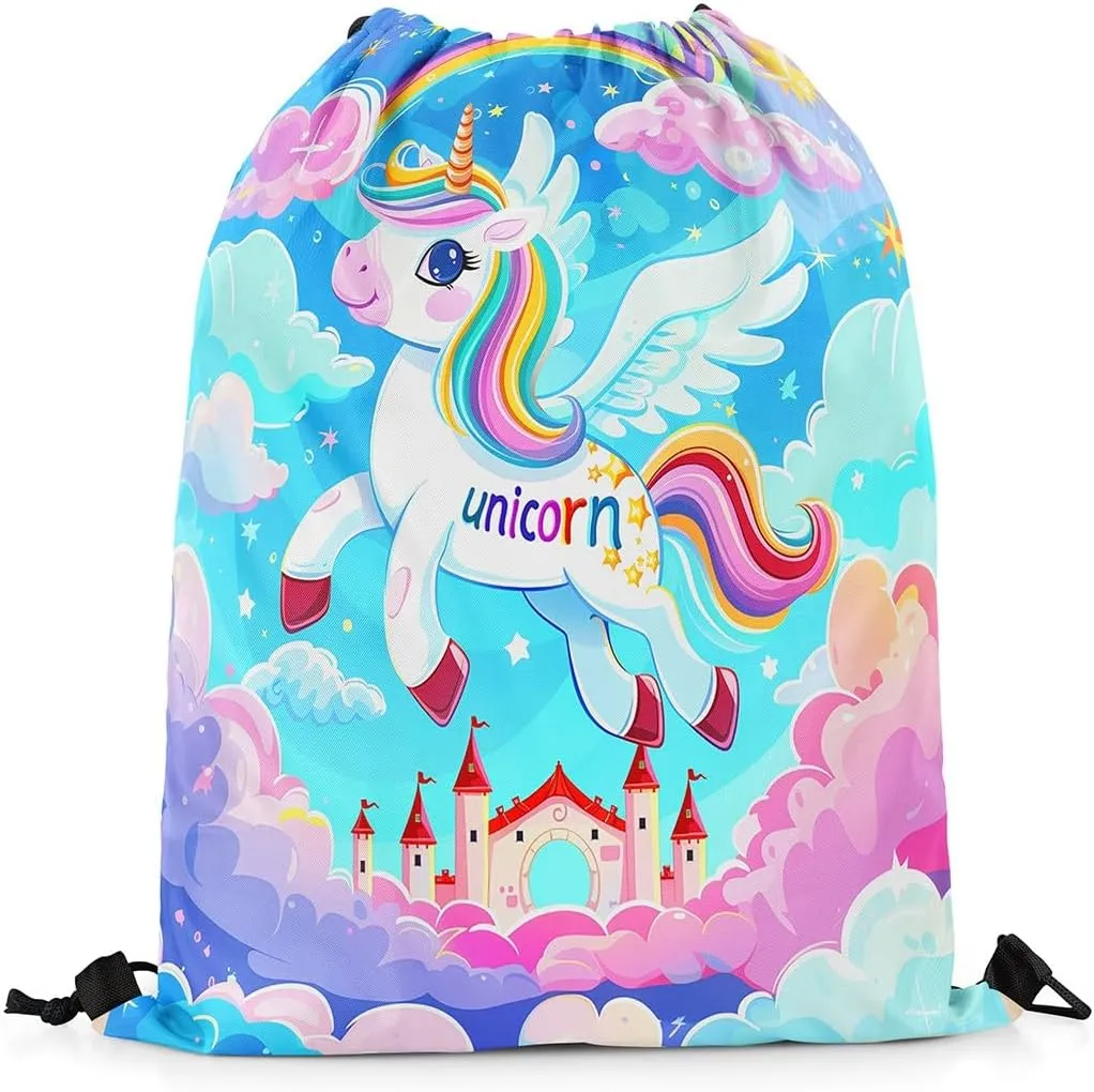 Unicorn Drawstring Backpack,Princess Castle Fantasy Animal Wings Starry Drawstring Bag,Dreamy Blue Pink Clouds Rainbow Glitter Draw String Bag Gym Packs Large Capacity,Lightweight