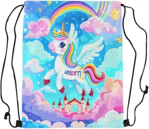 Unicorn Drawstring Backpack,Princess Castle Fantasy Animal Wings Starry Drawstring Bag,Dreamy Blue Pink Clouds Rainbow Glitter Draw String Bag Gym Packs Large Capacity,Lightweight