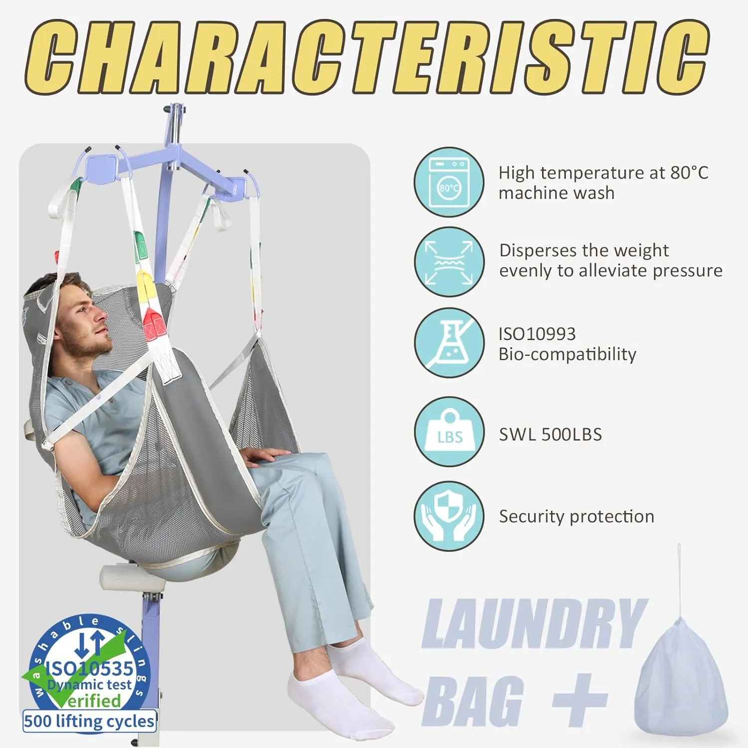 Universal Full Body Transfer Lift Sling with Commode Opening for Toileting-Shower Sling for Elderly and Patient Transfers | Repositioning | Lifting,with 1pc Laundry Bag (Grey, Medium)